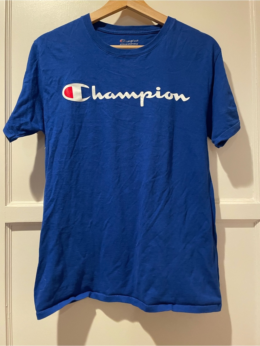 Champion Short-Sleeve Logo Tee — Royal Blue with White and Red Accent Small